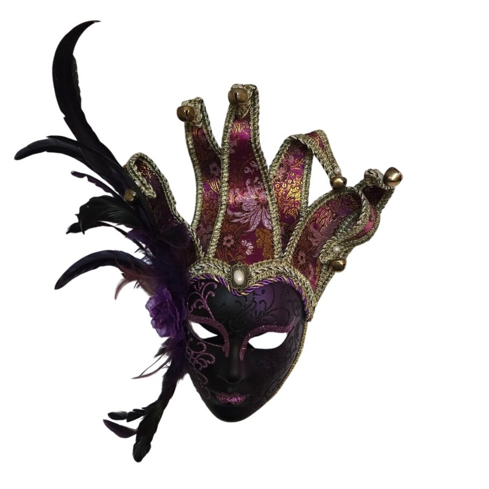 Full Face Venetian Jester Mardi Gra Masks Purple and Gold Brocade - Picture 3 of 9